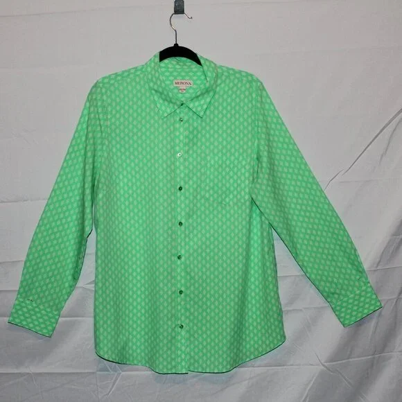 Merona, Blouse, XXL, Lime Green w/ White Dotted Diamond Pattern, Long Sleeve - Picture 5 of 6